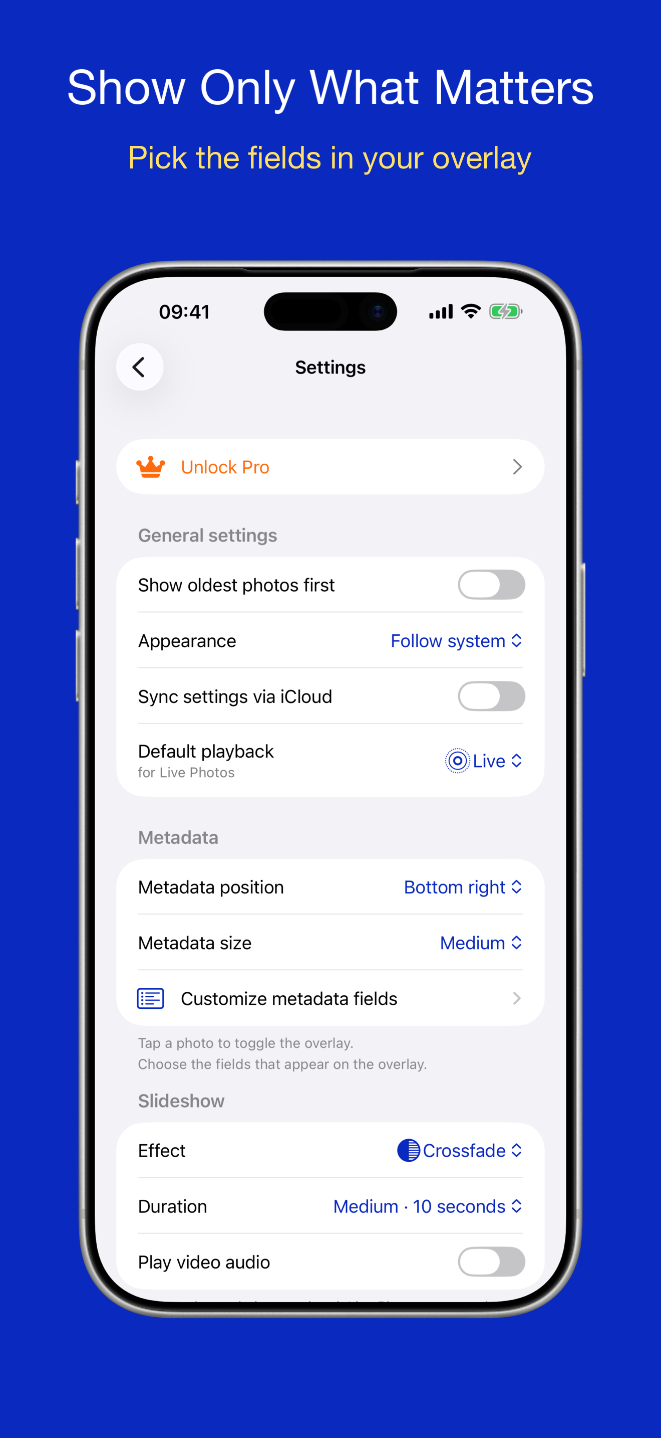 PhotoView settings with appearance, slideshow and sync options